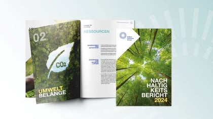 Der Nachhaltigkeitsbericht 2024 der Wilken Software Group: eine Broschüre mit dem Logo des Unternehmen und dem Bild eines grünen Waldes
